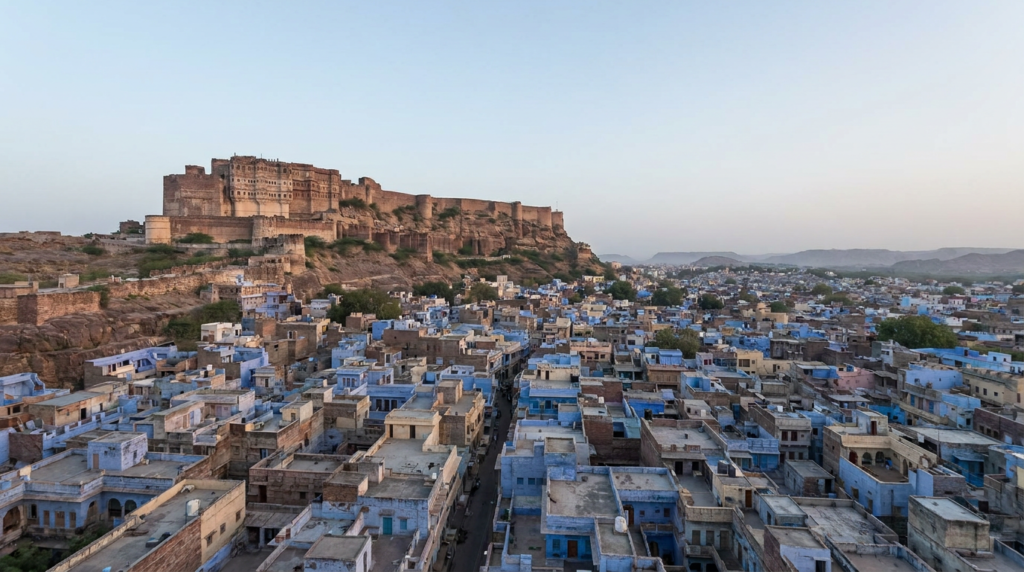 Mehrangarh Fort rising above the blue city of Jodhpur, Rajasthan